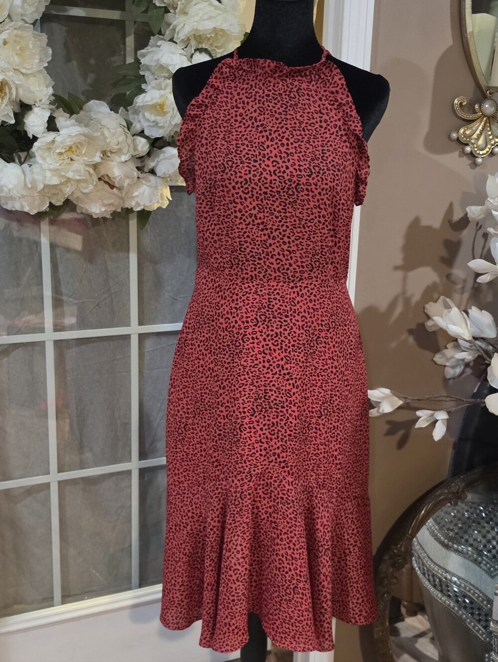 Who What Wear Red Leopard-Print Halter Midi Dress with Flared Hem - Picture 7 of 7